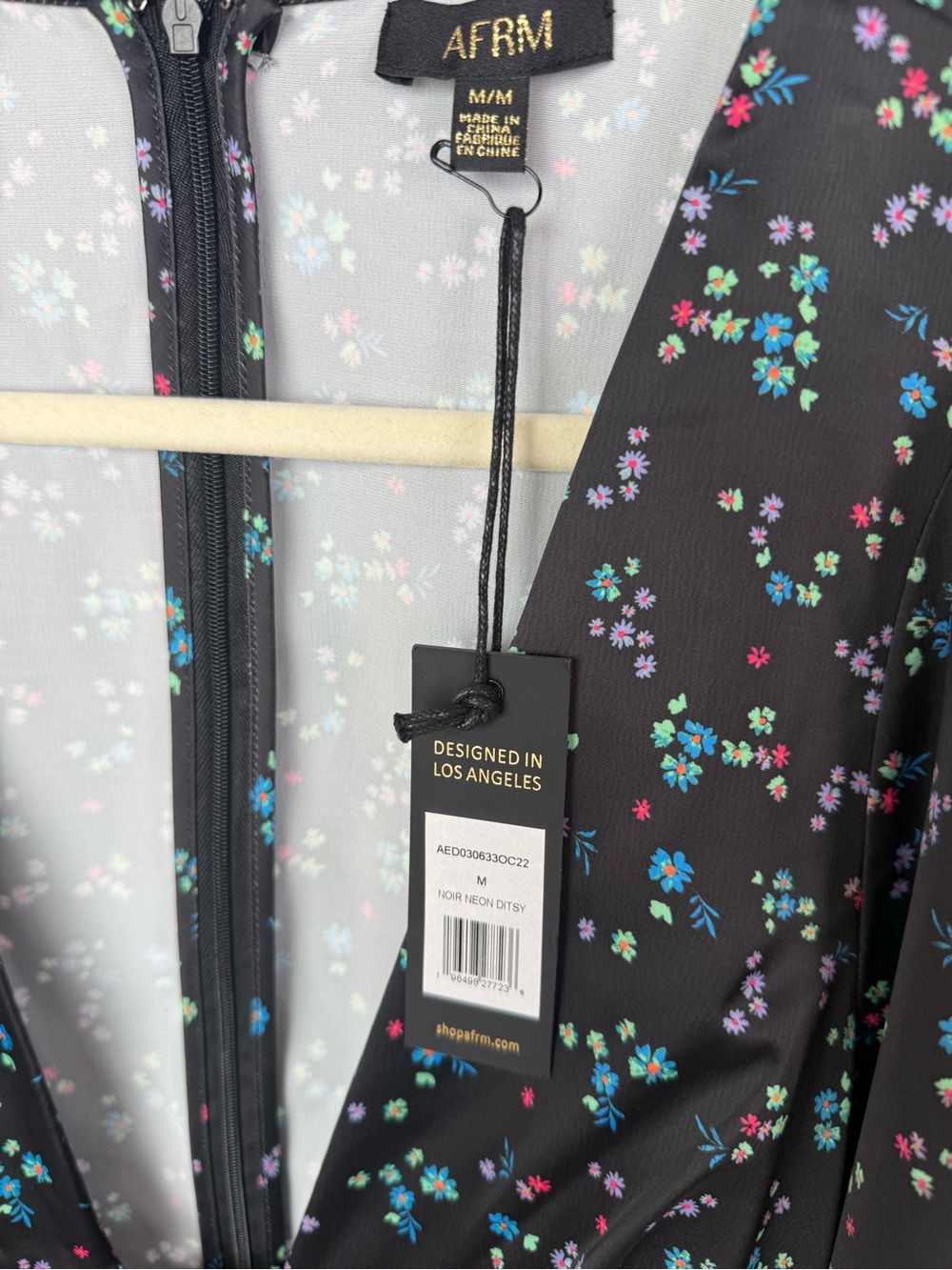 AFRM Portia Floral Satin Midi Dress Black Multicolor Long Sleeve Halter NWT M - Picture 7 of 9